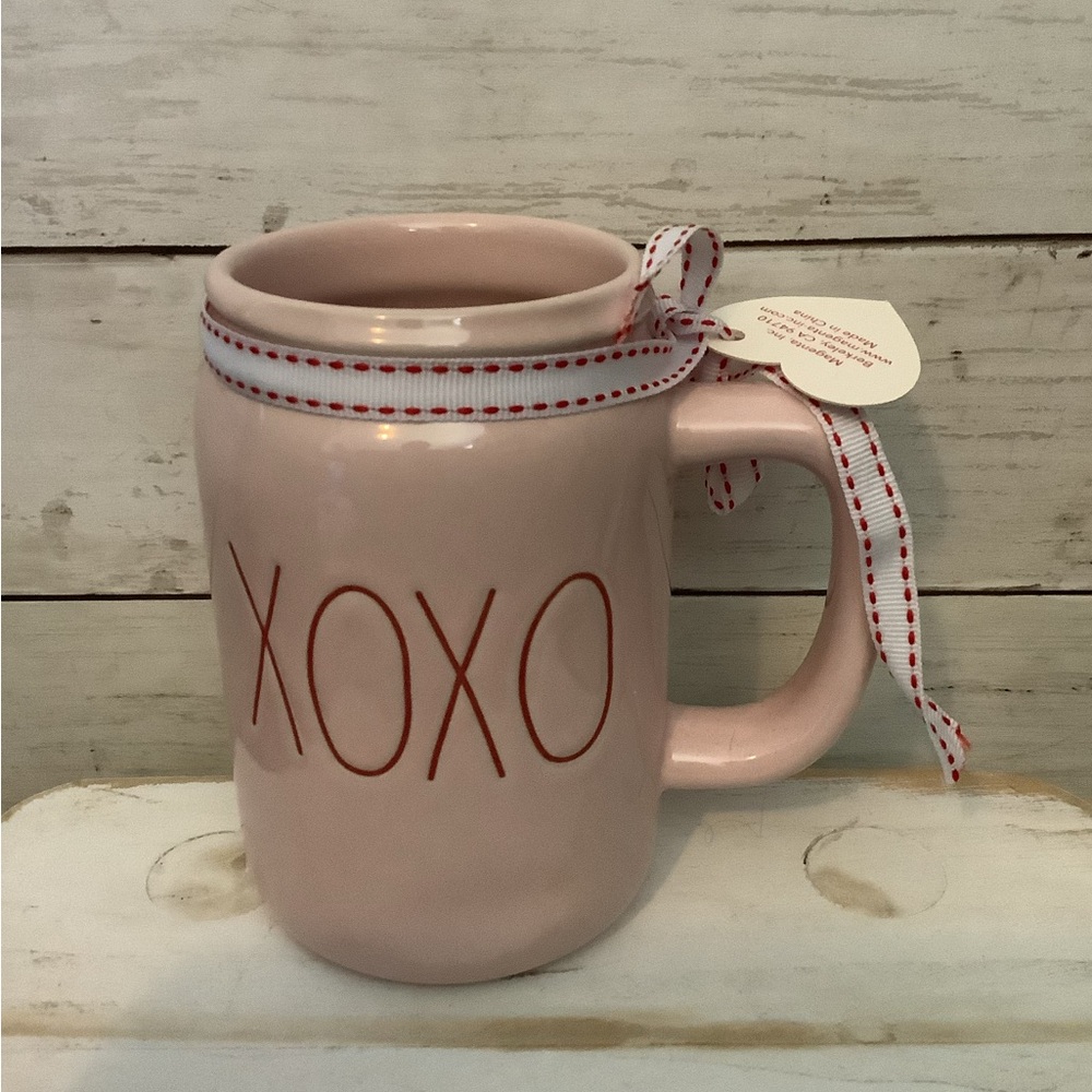 Rae Dunn XOXO Pink Mason Jar Mug Valentine’s Day Heart Tag Ribbon NWT Decor